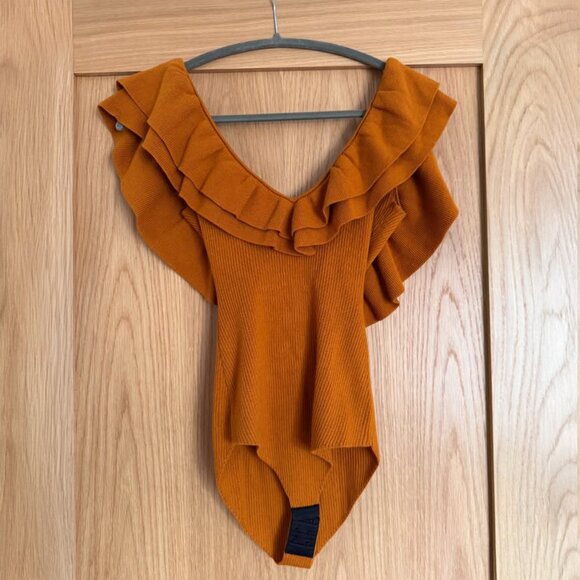 Sezane Isabella Ruffle Knit Bodysuit in Ochre - Picture 3 of 5